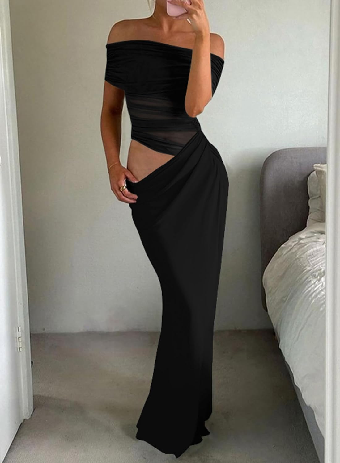 Women Long Off The Shoulder Mesh Sheer Ruched Cocktail Party Club Sexy Maxi Dress