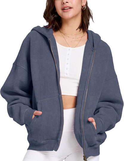 Womens Zip Up Hoodie Oversized Acid Wash Sweatshirts Heavyweight Fall Fashion Outfits Casual Jackets Winter Clothes