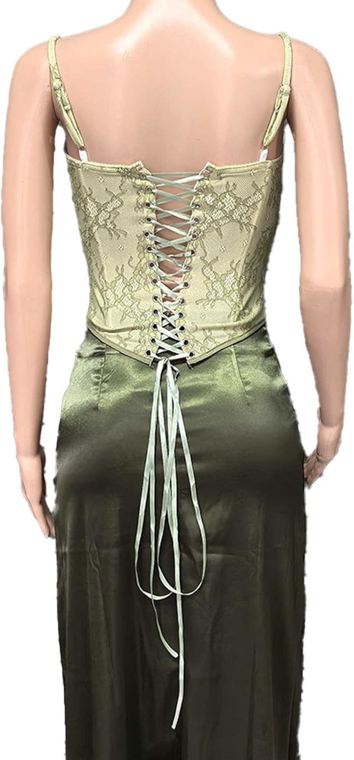 Mandonce Sexy Dresses for Women Sleeveless Lace Corset Top and Silk Maxi Skirt Vacation Outfits Two Piece Sets Summer Dressy