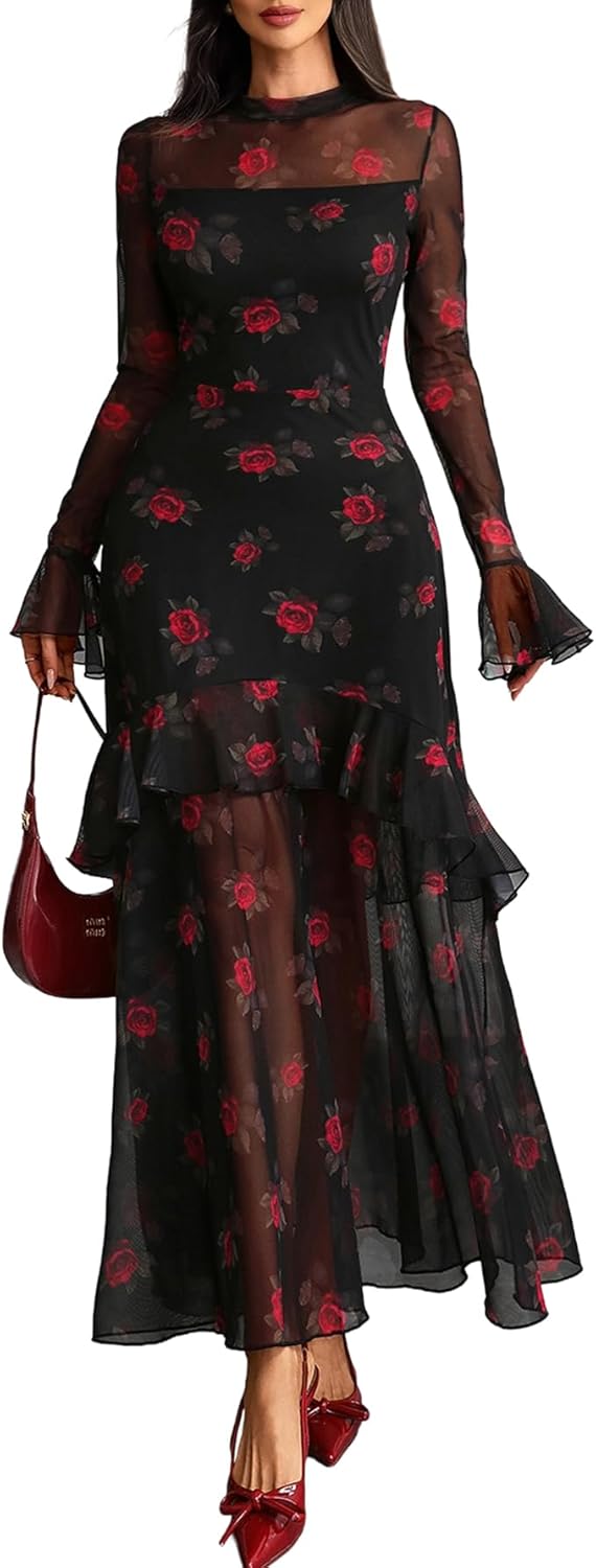 GothDark Womens Floral Maxi Dress Sheer Mesh Bell Sleeve Tiered Ruffle Gothic Romantic Casual Long Dresses