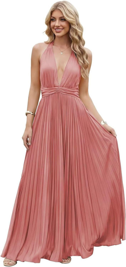 Satin Prom Dress with V-Neck 2026 A-line Sleeveless Backless Halter Ruched Cocktail Party Dress NT38
