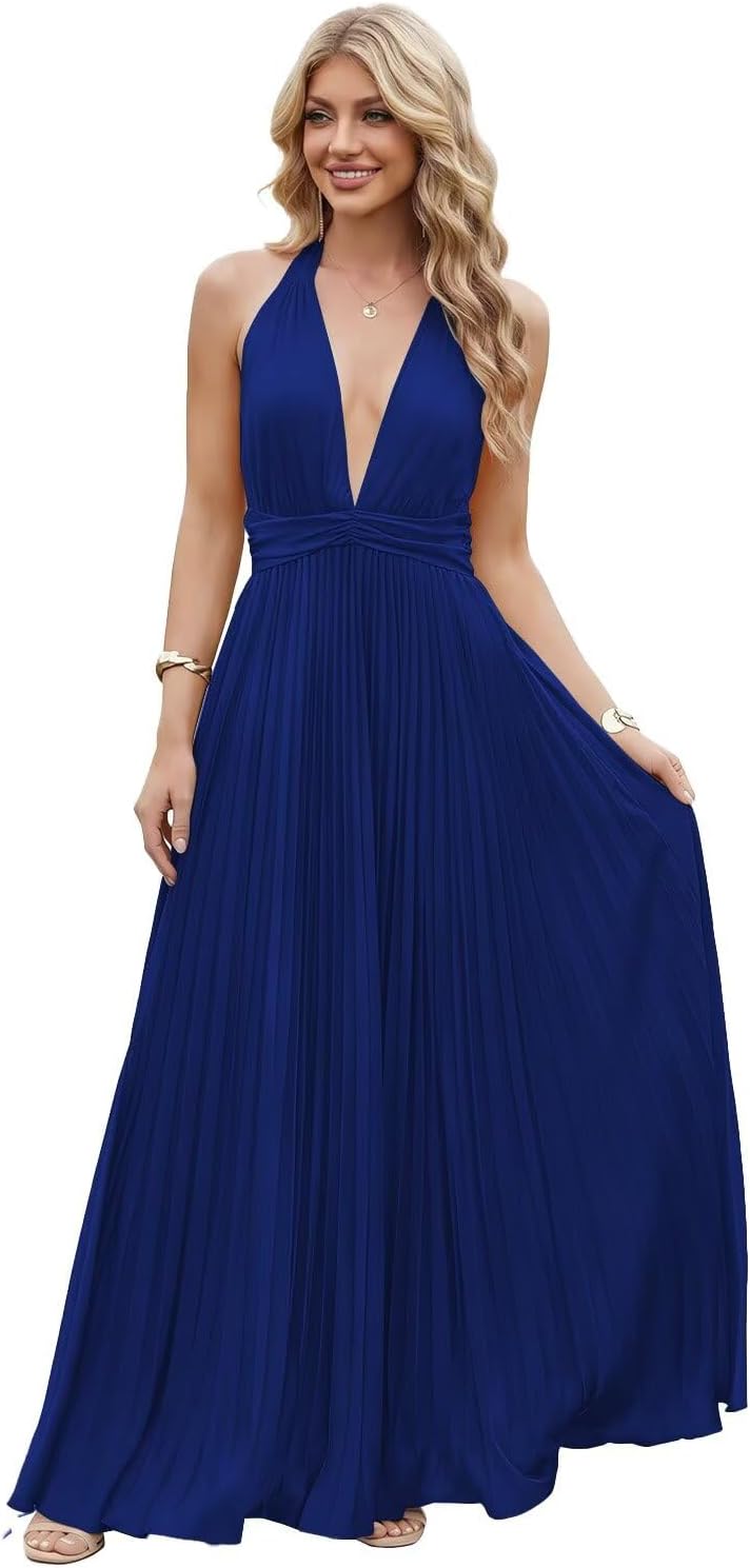 Satin Prom Dress with V-Neck 2026 A-line Sleeveless Backless Halter Ruched Cocktail Party Dress NT38