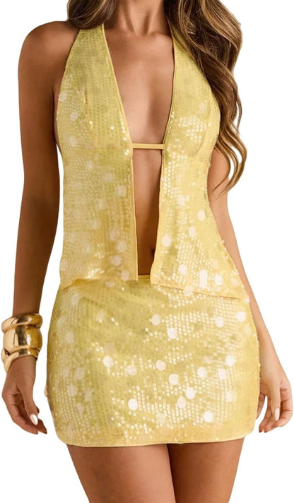 Women Sequin 2 Piece Outfit Sparkly Halter Neck Open Back Tie-up Tops and Mini Bodycon Skirt Set for Party Club