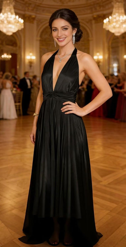 Satin Prom Dress with V-Neck 2026 A-line Sleeveless Backless Halter Ruched Cocktail Party Dress NT38