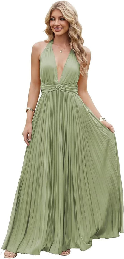 Satin Prom Dress with V-Neck 2026 A-line Sleeveless Backless Halter Ruched Cocktail Party Dress NT38