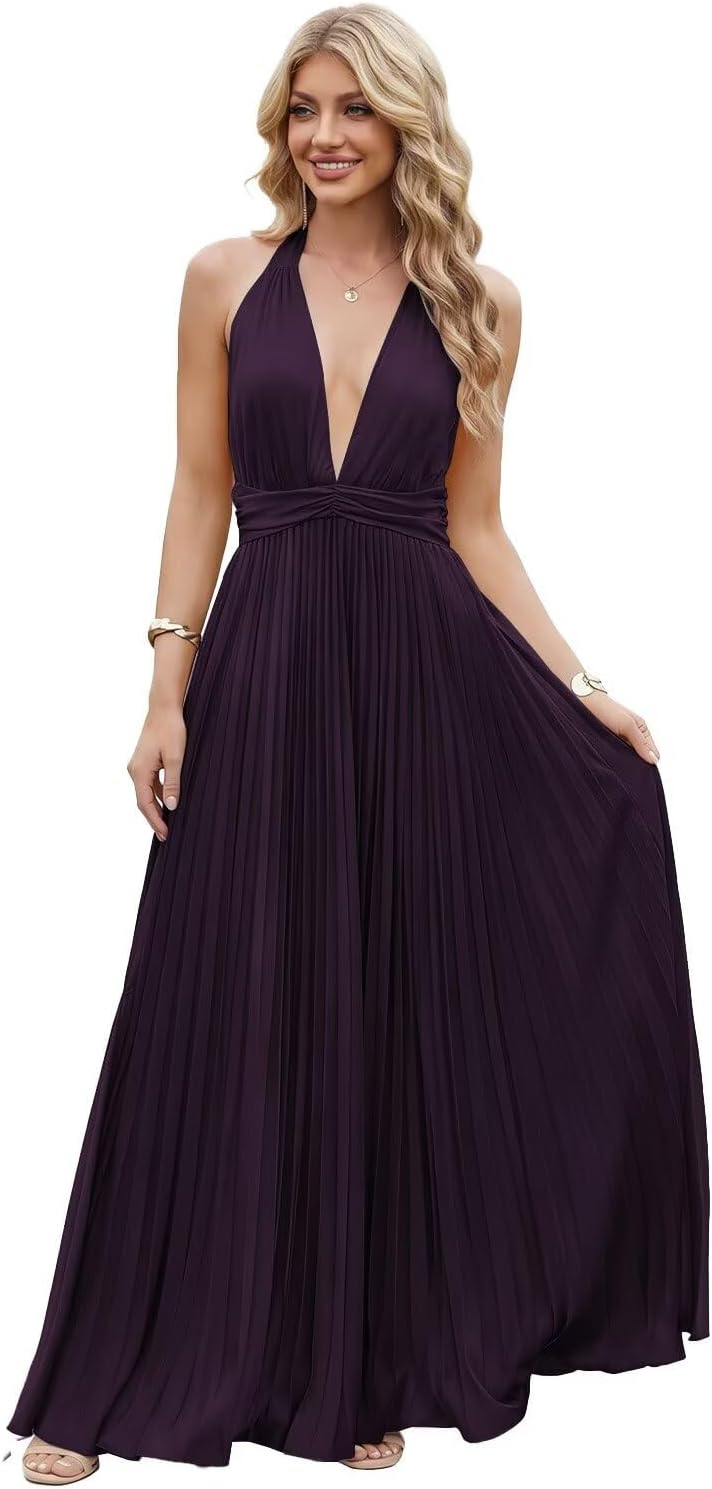 Satin Prom Dress with V-Neck 2026 A-line Sleeveless Backless Halter Ruched Cocktail Party Dress NT38