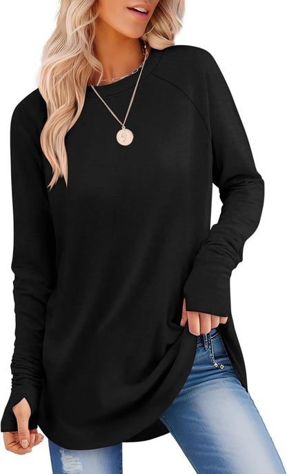 Womens Long Sleeve Shirts Crew Neck Tunic Tops to Wear with Leggings Casual Loose Fit Thumb Hole T-Shirts