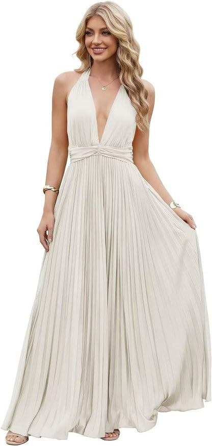 Satin Prom Dress with V-Neck 2026 A-line Sleeveless Backless Halter Ruched Cocktail Party Dress NT38