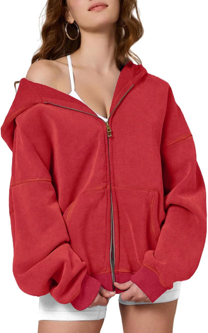 Womens Zip Up Hoodie Oversized Acid Wash Sweatshirts Heavyweight Fall Fashion Outfits Casual Jackets Winter Clothes