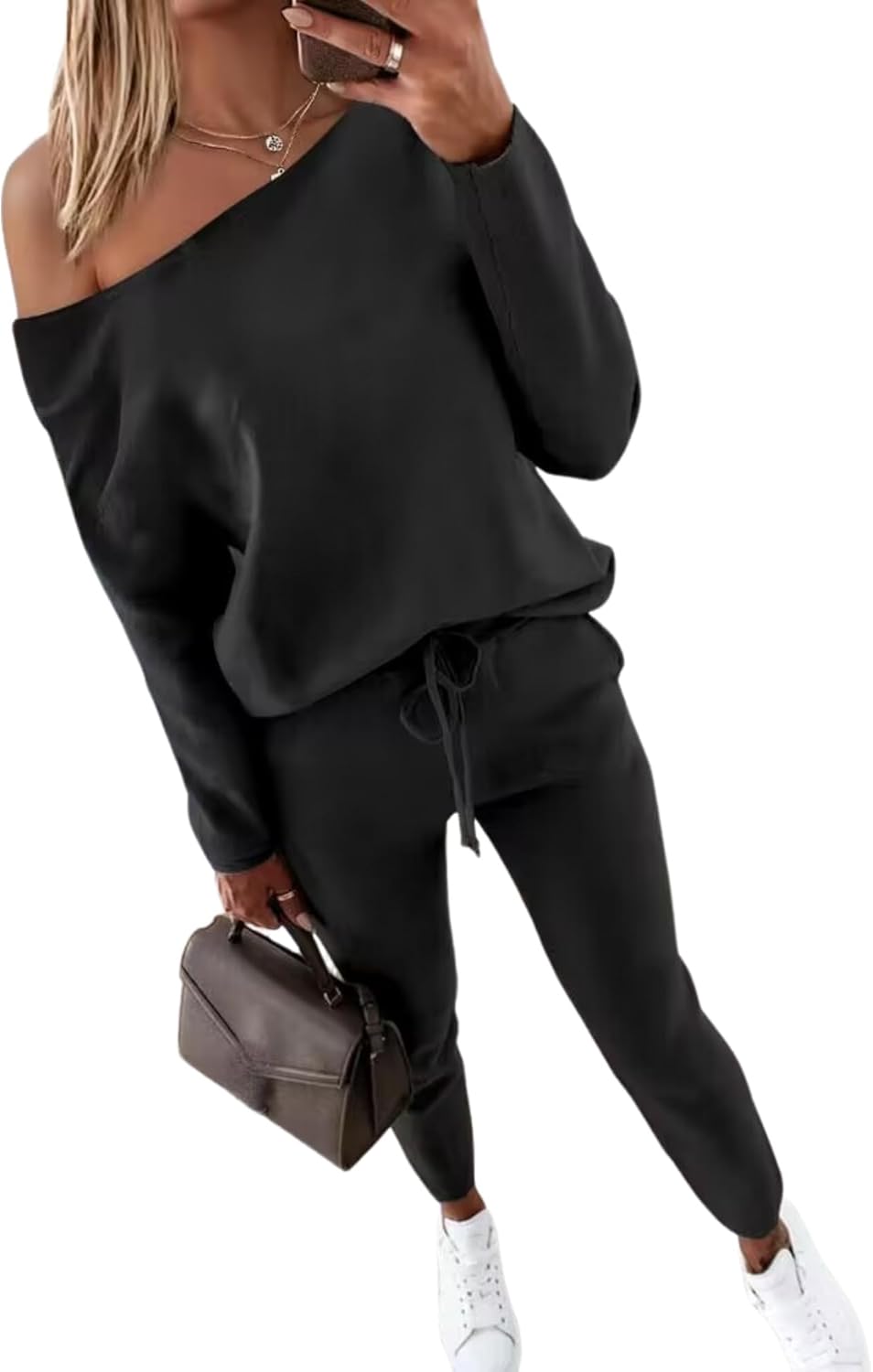 CHICME Women Tracksuit 2025 Fall 2 piece Outfits Off The Shoulder Long Sleeve Tops and Pants Set Travel Outfits