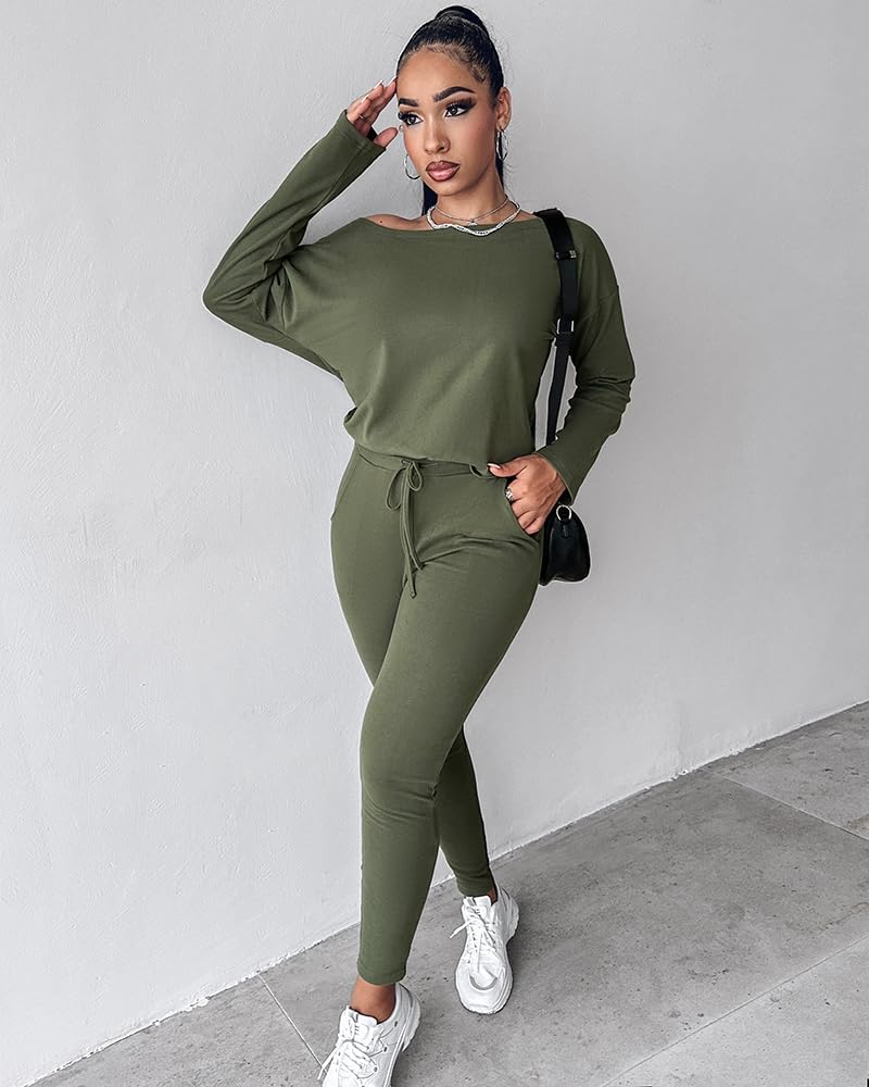 CHICME Women Tracksuit 2025 Fall 2 piece Outfits Off The Shoulder Long Sleeve Tops and Pants Set Travel Outfits