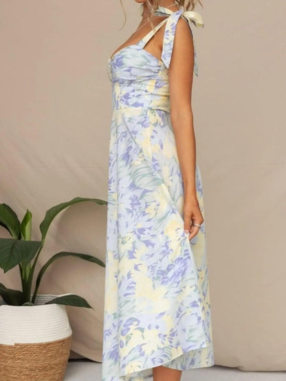 Women's Floral Tie Strap Sweetheart Neck Midi Dress Polyester Fabric 100% for Elegant Summer Party Outfit for Everyday
