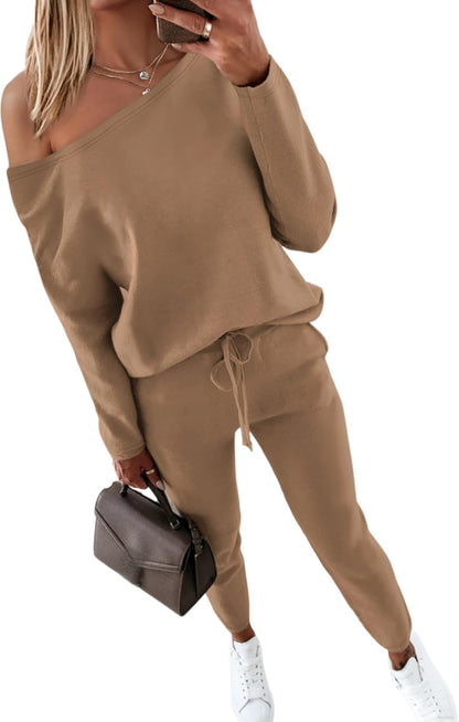 CHICME Women Tracksuit 2025 Fall 2 piece Outfits Off The Shoulder Long Sleeve Tops and Pants Set Travel Outfits