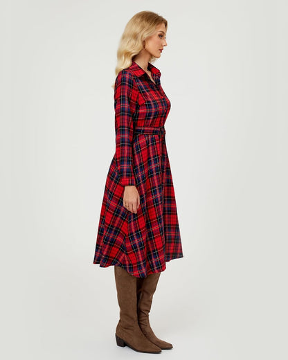 Women's Plaid Maxi Dress Long Sleeve Collared Flannel Belted Button Down Shirt Long Dress Christmas Dress