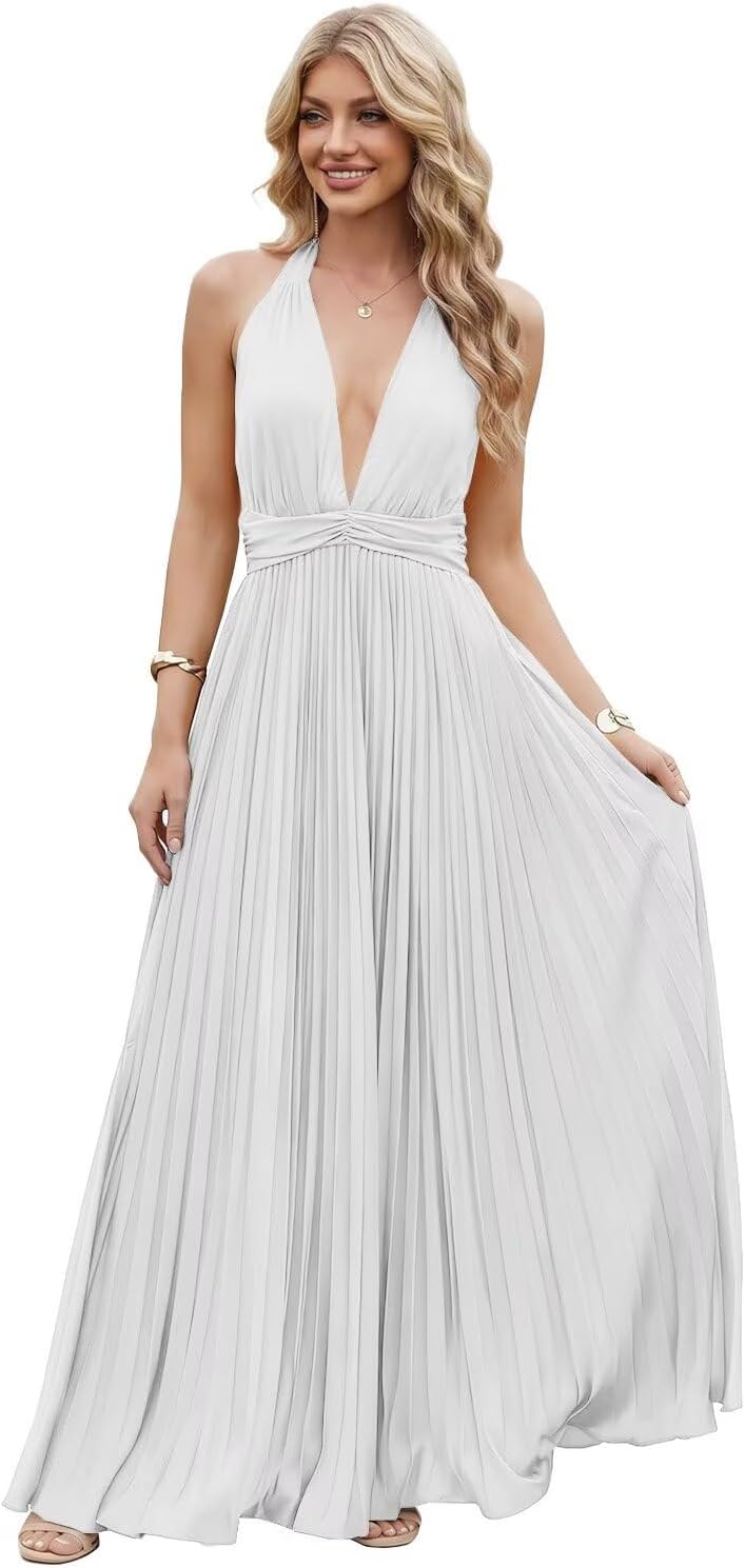 Satin Prom Dress with V-Neck 2026 A-line Sleeveless Backless Halter Ruched Cocktail Party Dress NT38