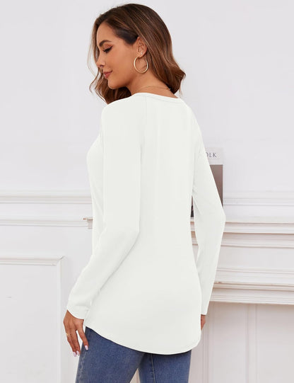Womens Long Sleeve Shirts Crew Neck Tunic Tops to Wear with Leggings Casual Loose Fit Thumb Hole T-Shirts