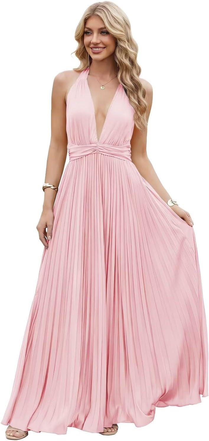 Satin Prom Dress with V-Neck 2026 A-line Sleeveless Backless Halter Ruched Cocktail Party Dress NT38