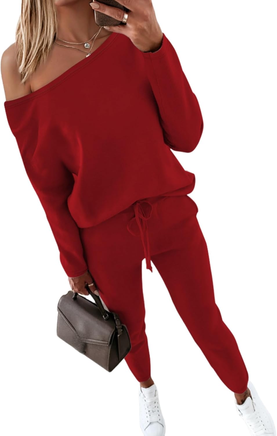 CHICME Women Tracksuit 2025 Fall 2 piece Outfits Off The Shoulder Long Sleeve Tops and Pants Set Travel Outfits