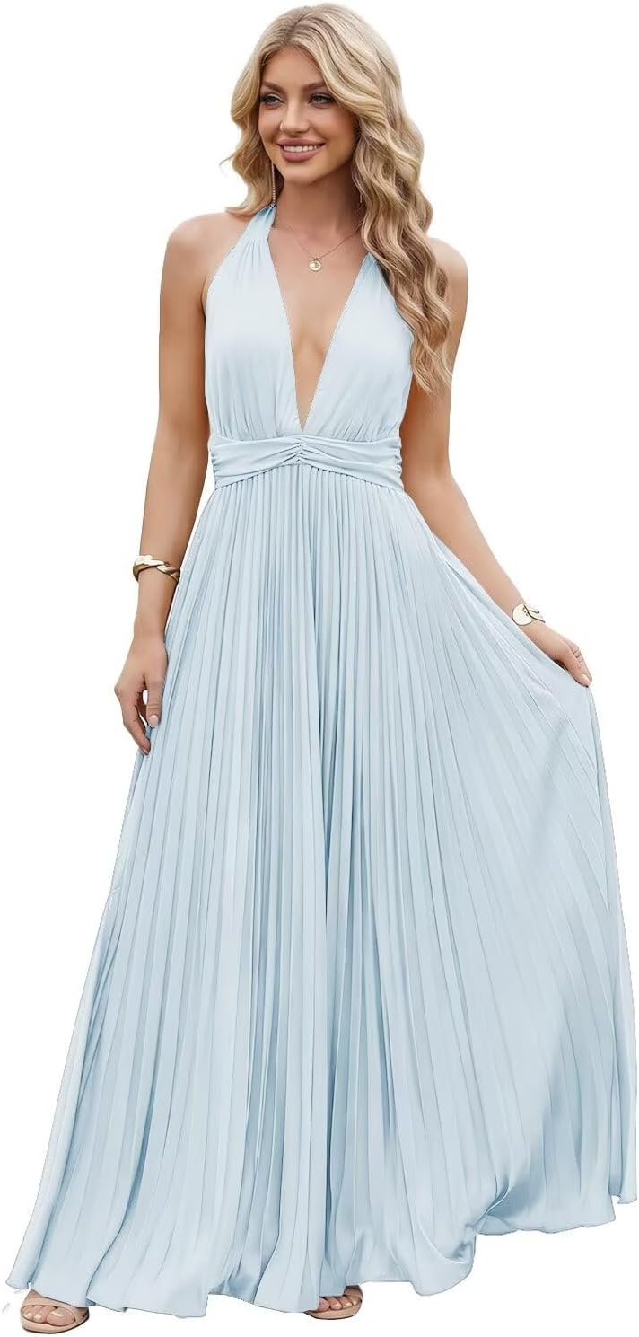 Satin Prom Dress with V-Neck 2026 A-line Sleeveless Backless Halter Ruched Cocktail Party Dress NT38