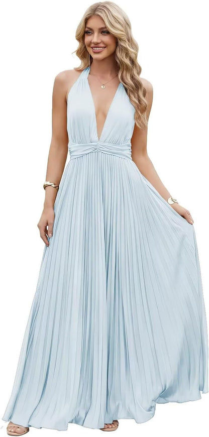 Satin Prom Dress with V-Neck 2026 A-line Sleeveless Backless Halter Ruched Cocktail Party Dress NT38