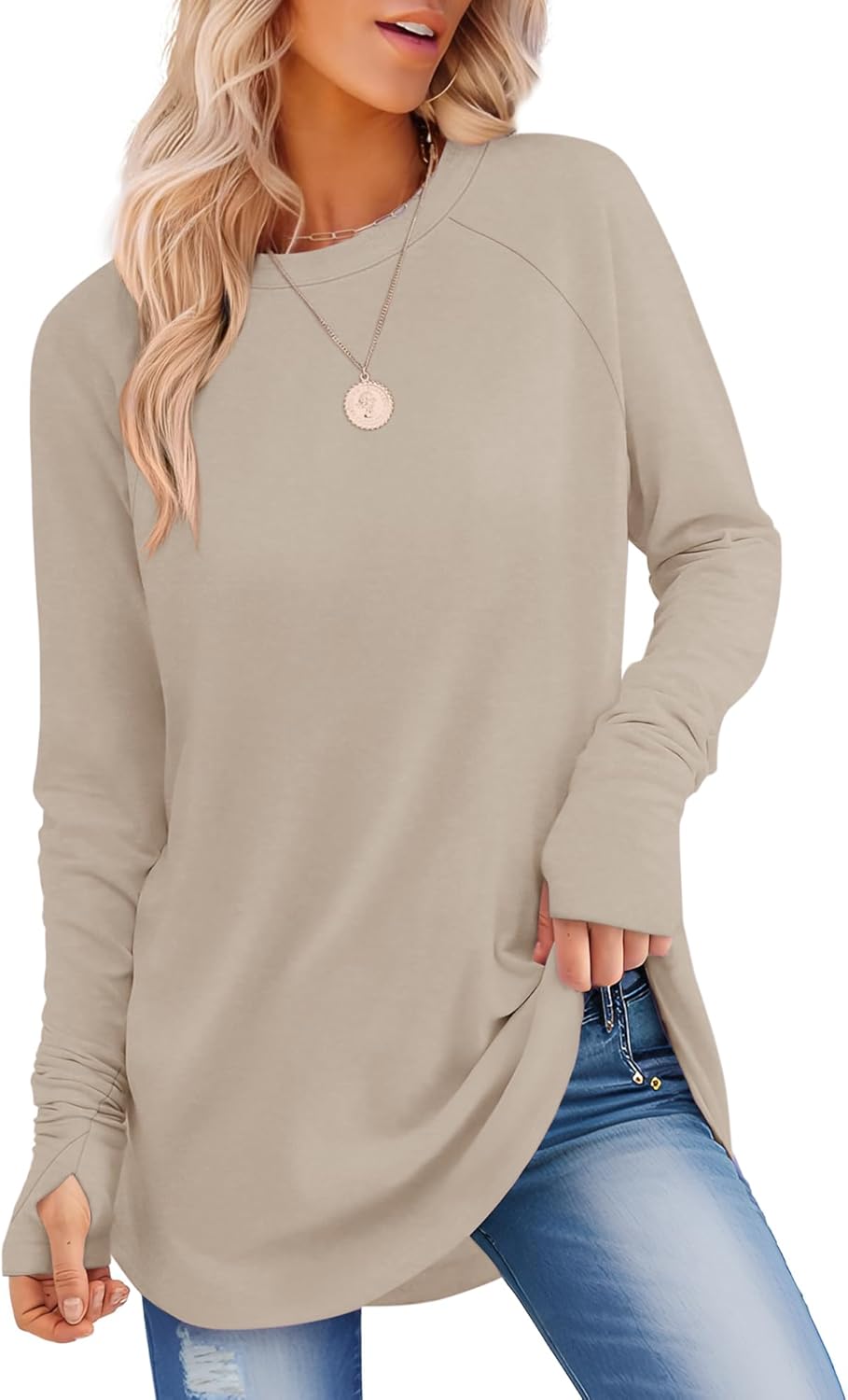 Womens Long Sleeve Shirts Crew Neck Tunic Tops to Wear with Leggings Casual Loose Fit Thumb Hole T-Shirts