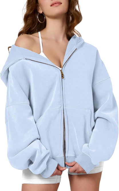 Womens Zip Up Hoodie Oversized Acid Wash Sweatshirts Heavyweight Fall Fashion Outfits Casual Jackets Winter Clothes