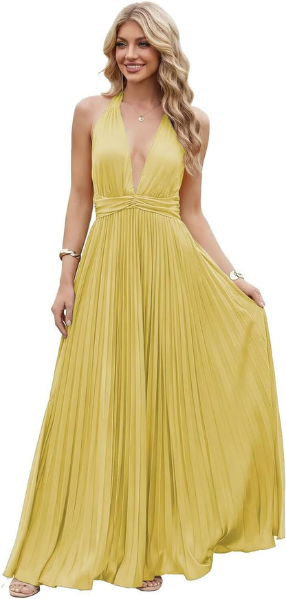 Satin Prom Dress with V-Neck 2026 A-line Sleeveless Backless Halter Ruched Cocktail Party Dress NT38