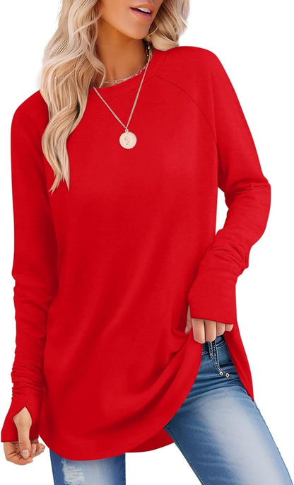Womens Long Sleeve Shirts Crew Neck Tunic Tops to Wear with Leggings Casual Loose Fit Thumb Hole T-Shirts