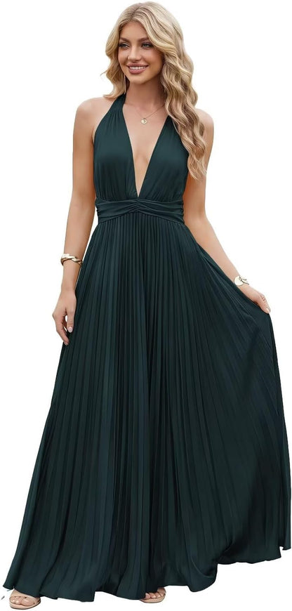 Satin Prom Dress with V-Neck 2026 A-line Sleeveless Backless Halter Ruched Cocktail Party Dress NT38