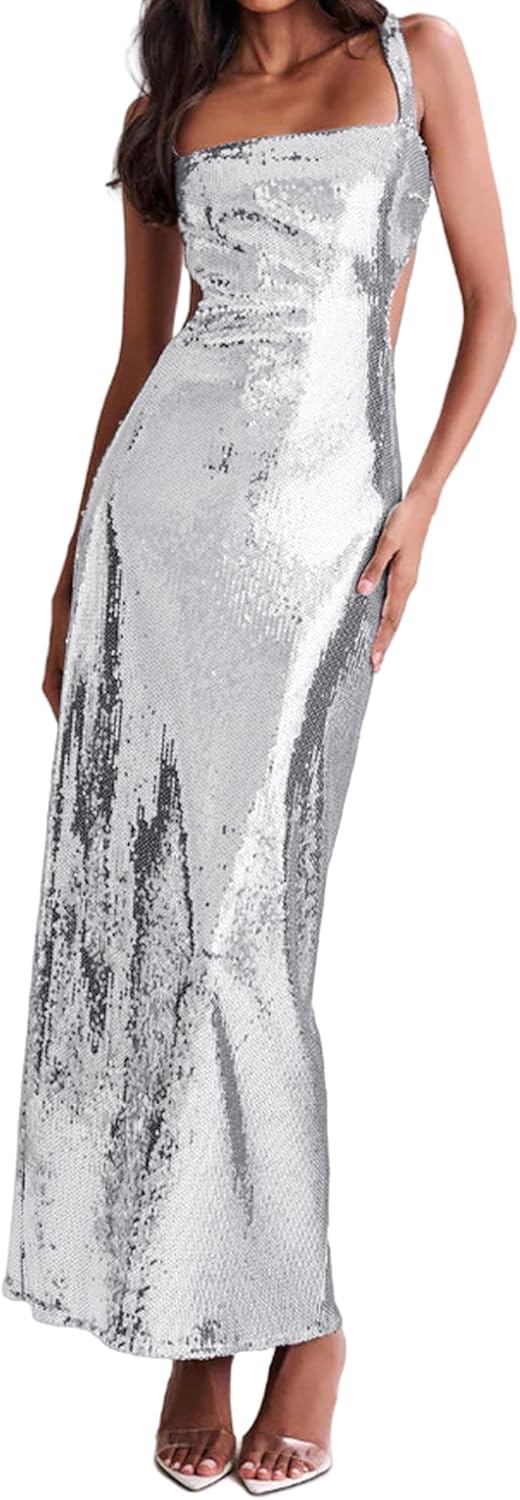 Women's Sequin Bodycon Maxi Dress Cut Out Waist Open Back Sparkly Long Dress Sexy Backless Cocktail Party Dresses