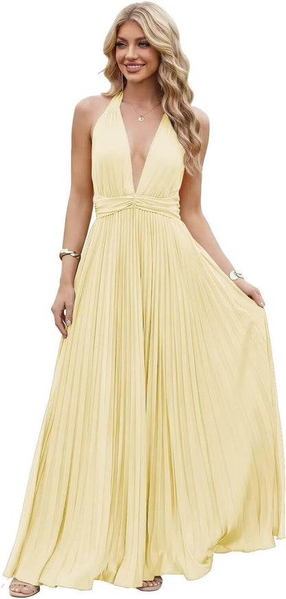 Satin Prom Dress with V-Neck 2026 A-line Sleeveless Backless Halter Ruched Cocktail Party Dress NT38