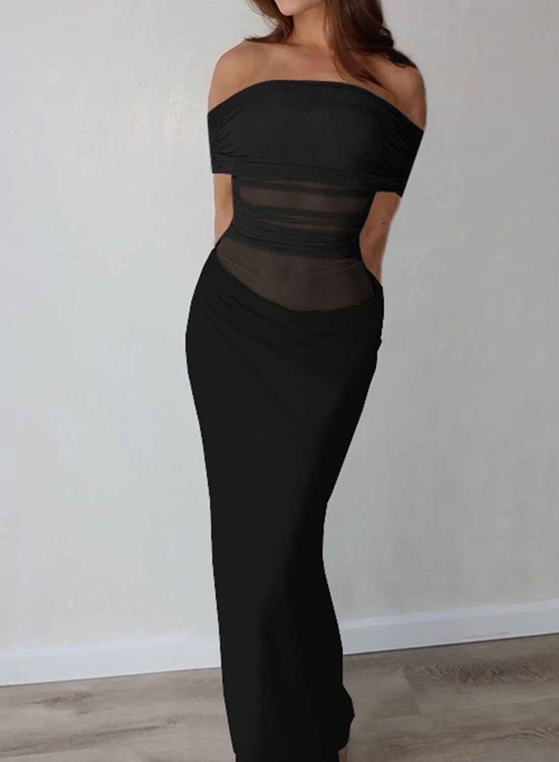 Women Long Off The Shoulder Mesh Sheer Ruched Cocktail Party Club Sexy Maxi Dress