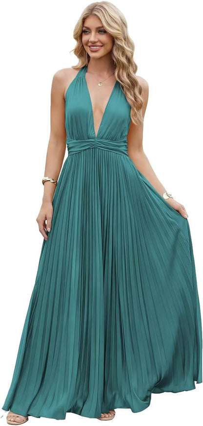Satin Prom Dress with V-Neck 2026 A-line Sleeveless Backless Halter Ruched Cocktail Party Dress NT38