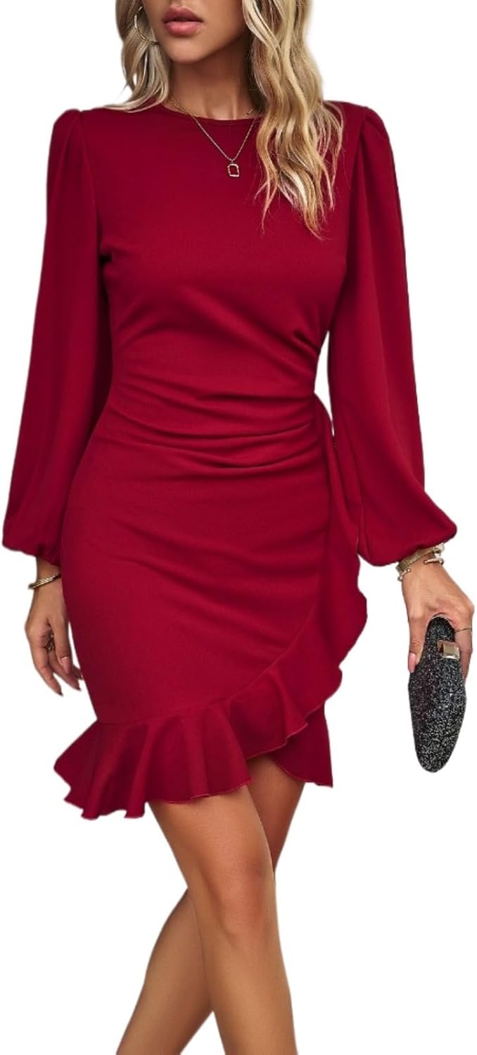 Women Formal Elegant Mini Dress Long Lantern Sleeve Ruffle Hem Ruched Party Cocktail Wedding Guest Work Dresses
