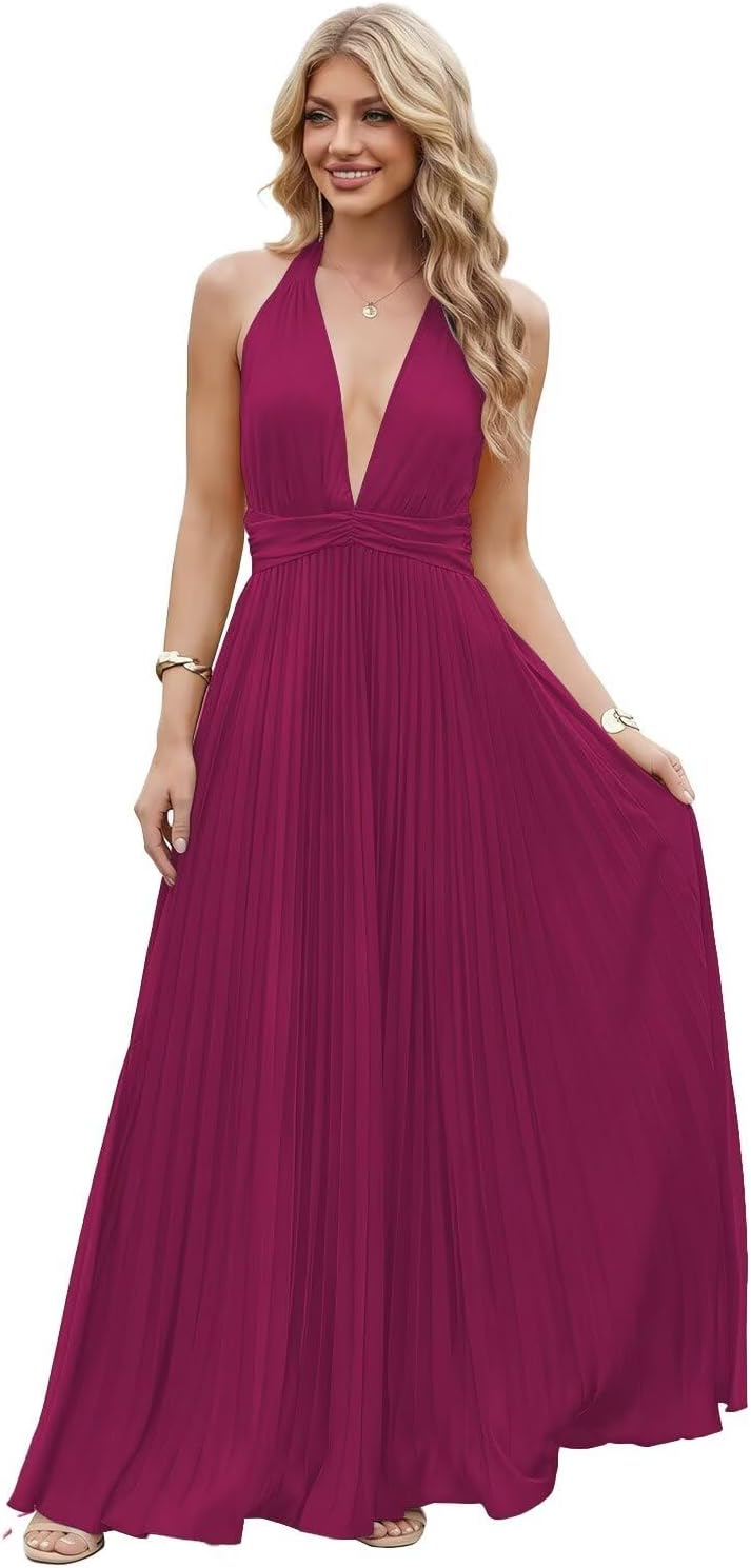 Satin Prom Dress with V-Neck 2026 A-line Sleeveless Backless Halter Ruched Cocktail Party Dress NT38