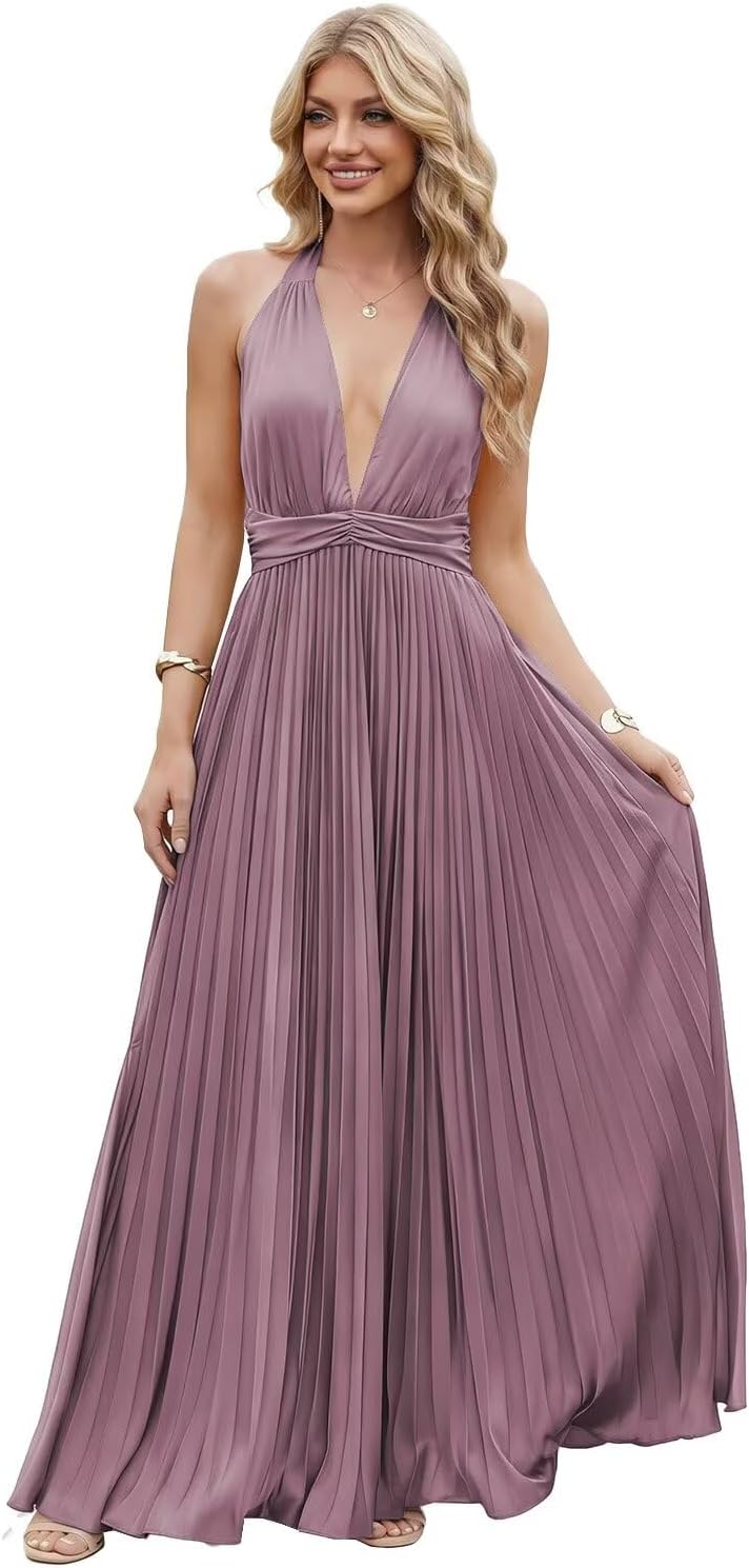 Satin Prom Dress with V-Neck 2026 A-line Sleeveless Backless Halter Ruched Cocktail Party Dress NT38