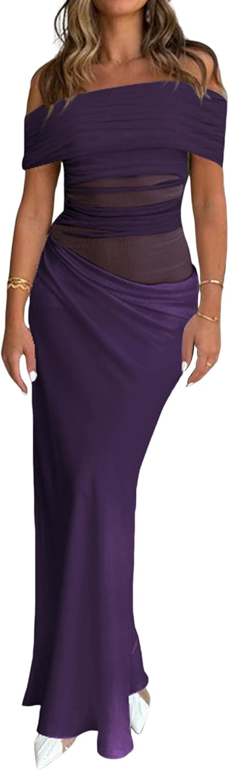 Women Long Off The Shoulder Mesh Sheer Ruched Cocktail Party Club Sexy Maxi Dress