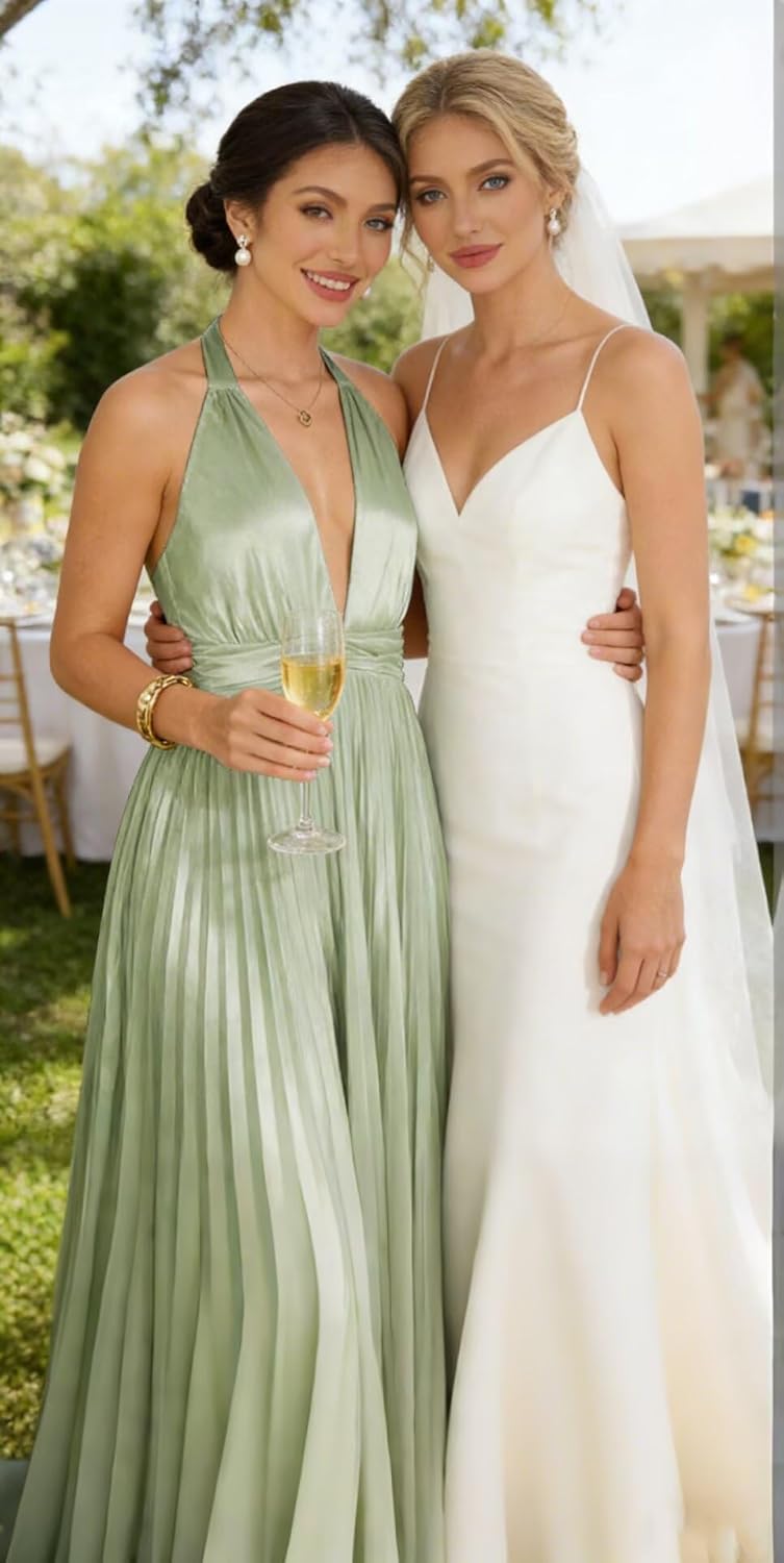 Satin Prom Dress with V-Neck 2026 A-line Sleeveless Backless Halter Ruched Cocktail Party Dress NT38