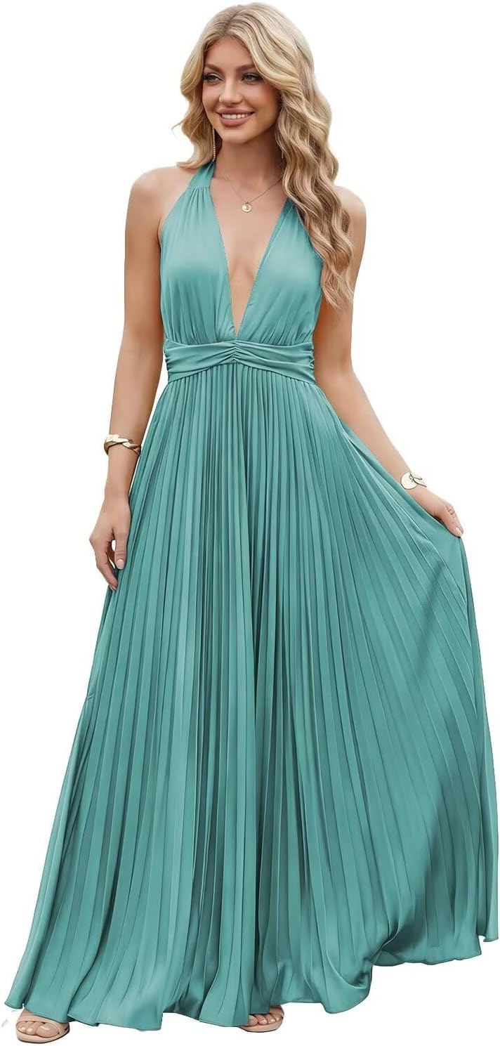 Satin Prom Dress with V-Neck 2026 A-line Sleeveless Backless Halter Ruched Cocktail Party Dress NT38
