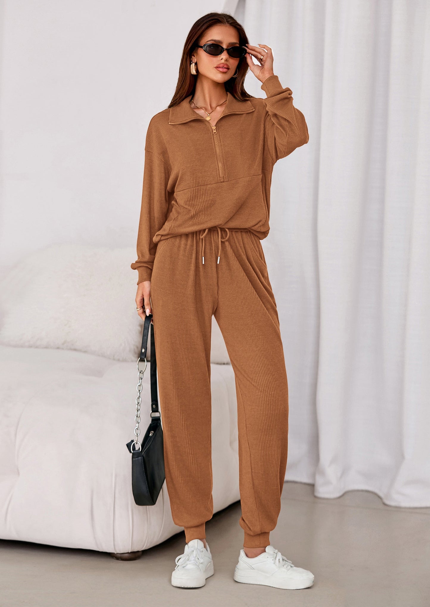 Women's Fall 2 Piece Lounge Sets Zip Up Sweatshirt Jogger Pants Sweat Track Suits Travel Outfit Winter Clothing