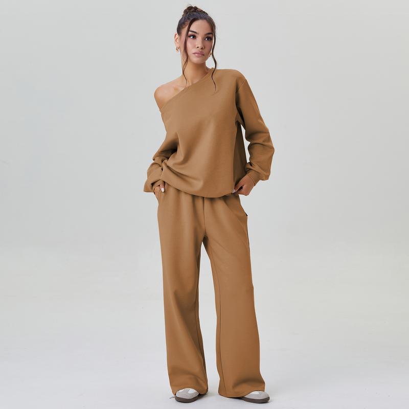 Women's Leisure Solid Color Sloping Shoulder Long Sleeve Top & Wide Leg Trousers Co-ord, Cozy Scoop Neck Loose Two Piece Outfits, Basic Womenswear