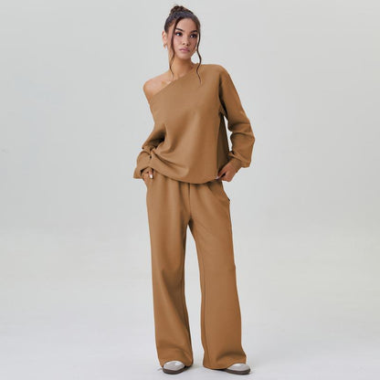 Women's Leisure Solid Color Sloping Shoulder Long Sleeve Top & Wide Leg Trousers Co-ord, Cozy Scoop Neck Loose Two Piece Outfits, Basic Womenswear