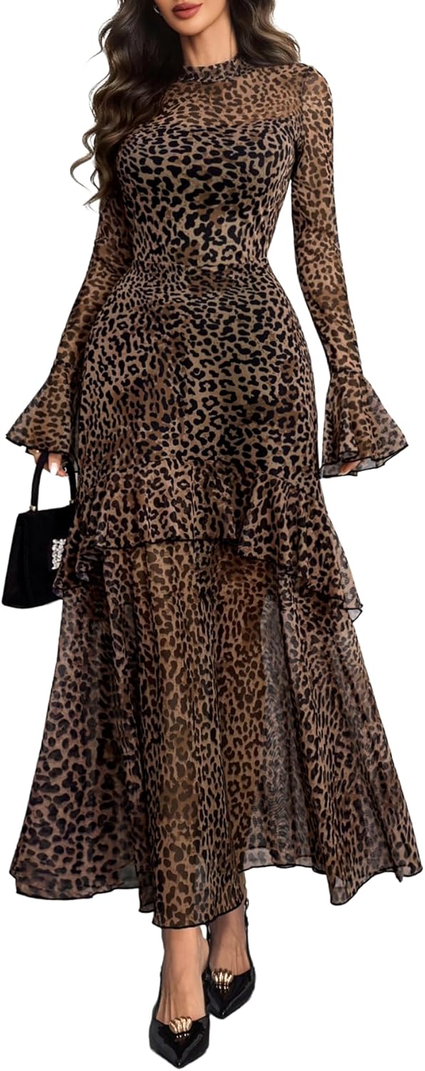 GothDark Womens Floral Maxi Dress Sheer Mesh Bell Sleeve Tiered Ruffle Gothic Romantic Casual Long Dresses