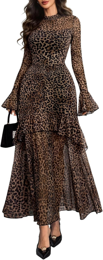 GothDark Womens Floral Maxi Dress Sheer Mesh Bell Sleeve Tiered Ruffle Gothic Romantic Casual Long Dresses