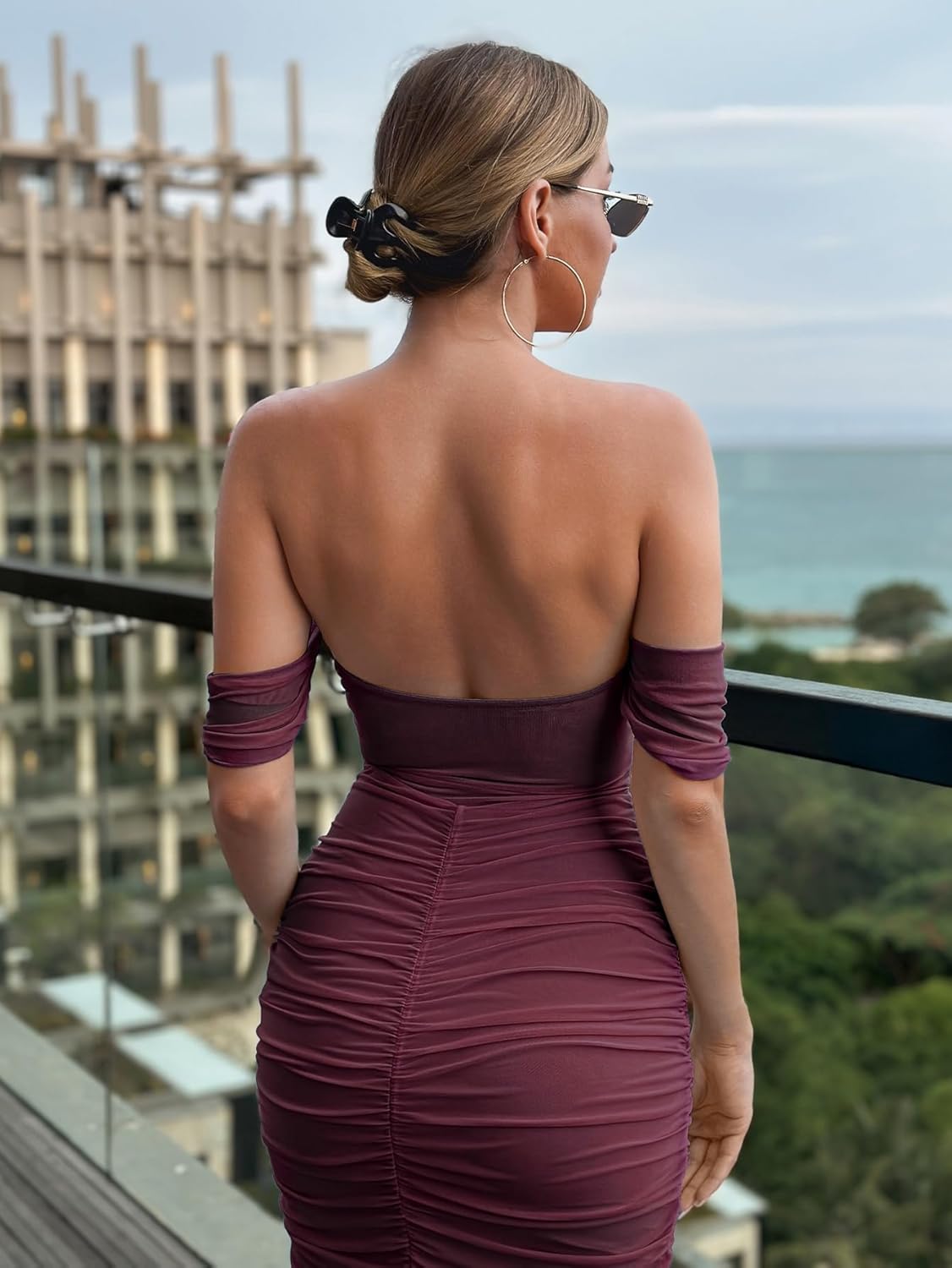 Women's Off The Shoulder Cocktail Midi Dress Built-in Bra Ruched Bodycon Corset Fall Homecoming Wedding Guest