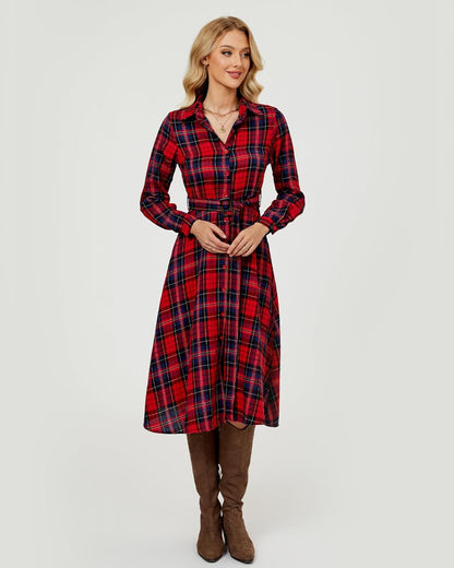 Women's Plaid Maxi Dress Long Sleeve Collared Flannel Belted Button Down Shirt Long Dress Christmas Dress