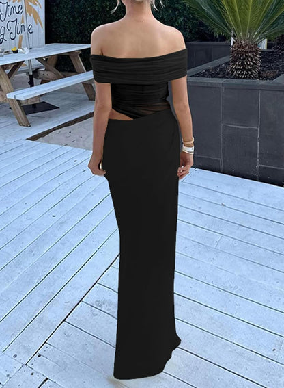 Women Long Off The Shoulder Mesh Sheer Ruched Cocktail Party Club Sexy Maxi Dress