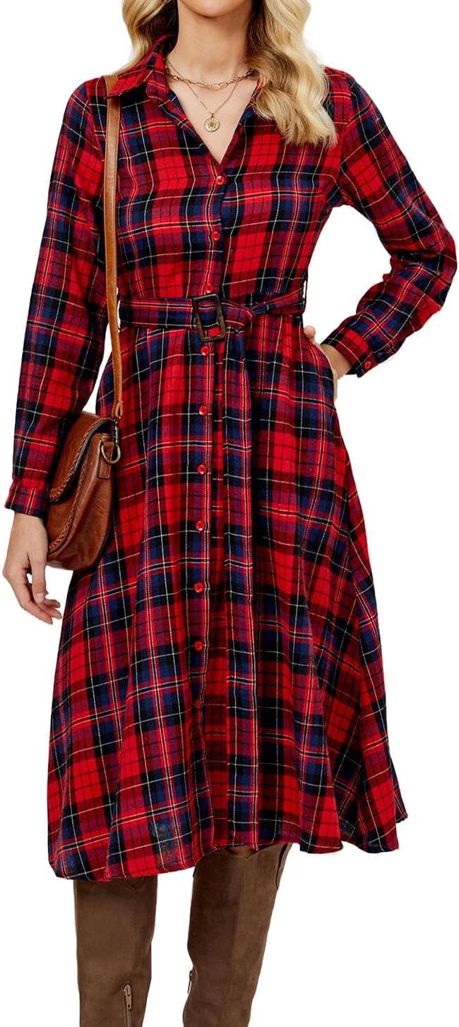 Women's Plaid Maxi Dress Long Sleeve Collared Flannel Belted Button Down Shirt Long Dress Christmas Dress