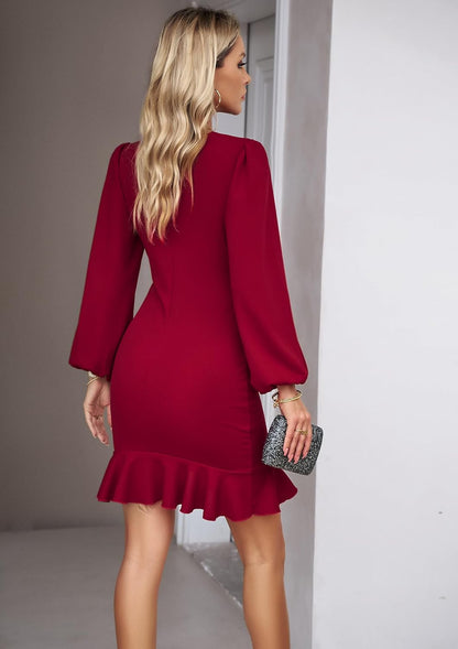 Women Formal Elegant Mini Dress Long Lantern Sleeve Ruffle Hem Ruched Party Cocktail Wedding Guest Work Dresses
