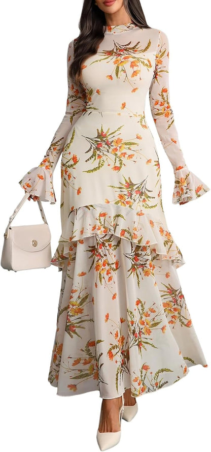 GothDark Womens Floral Maxi Dress Sheer Mesh Bell Sleeve Tiered Ruffle Gothic Romantic Casual Long Dresses